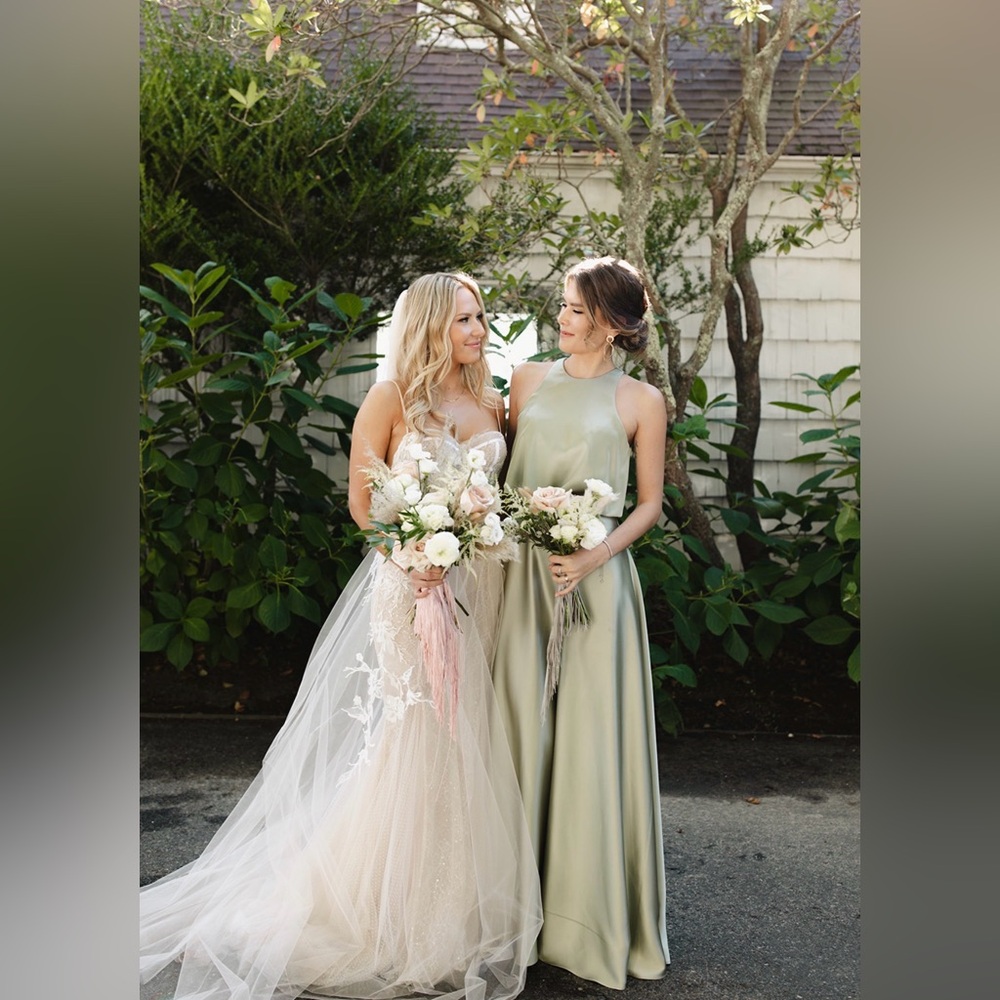 Revelry Sage wren satin gown